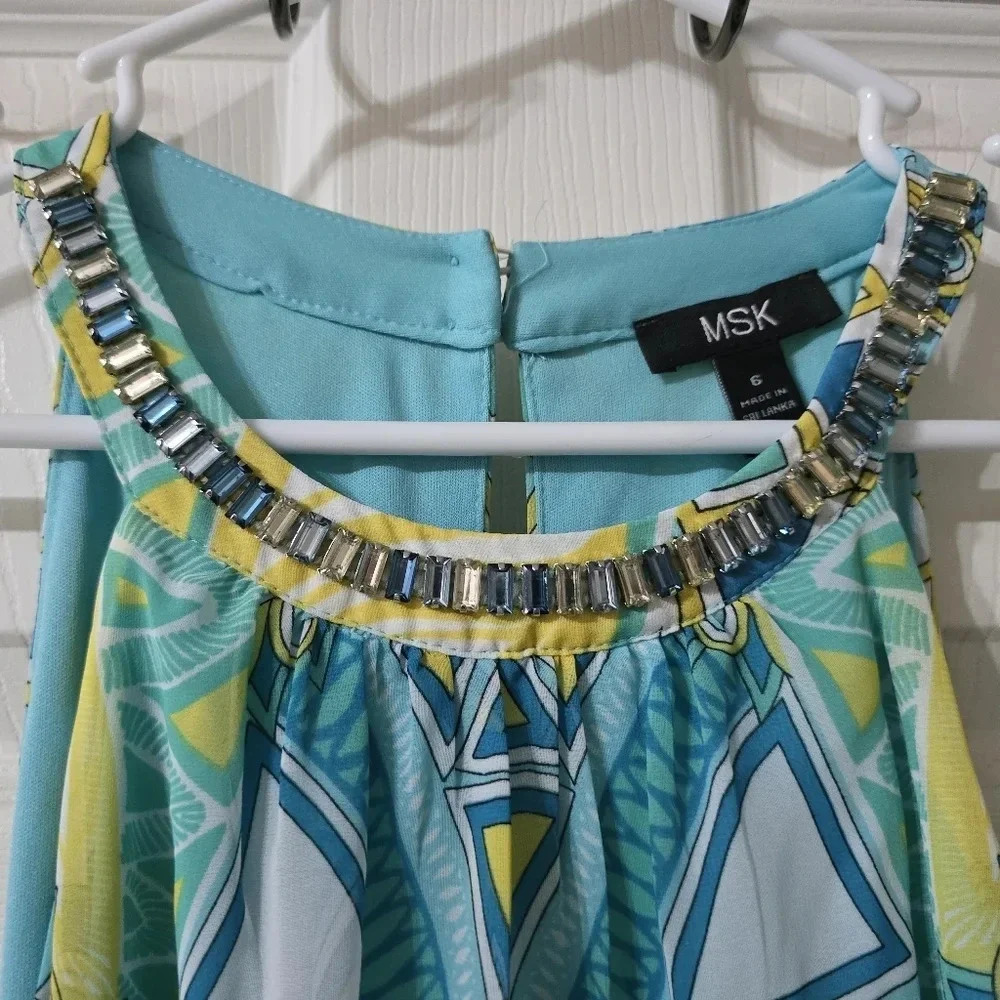 MSK Geometric Print Maxi Dress, Jeweled Halter Neckline, Stretchy Waist, EUC! - Picture 7 of 11